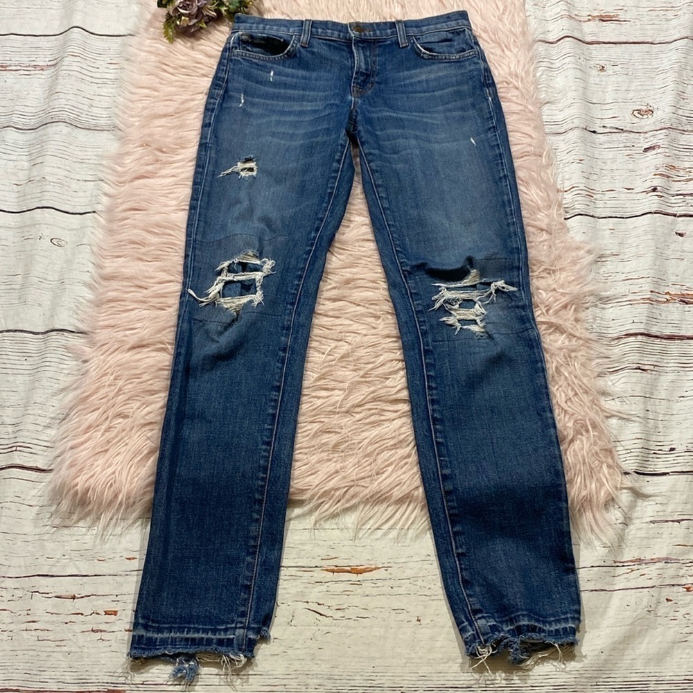 J Brand Ellis Mid Rise Distressed Skinny Jeans in Villain Blue sz 25